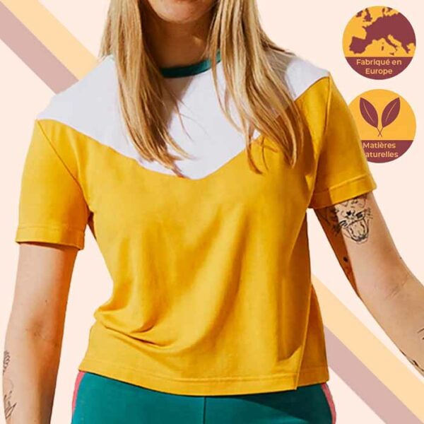 tshirt sport femme ecoresponsable matiere naturelle jaune lola jog et jim face